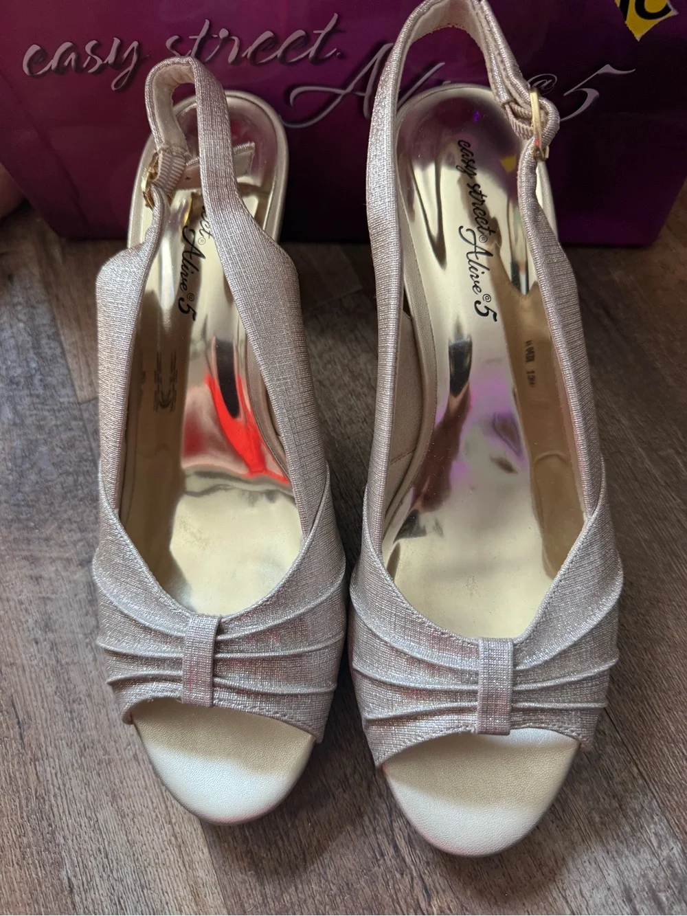 easy street Nude/Tan Open-Toe Slingback Heels with Pleated Detail